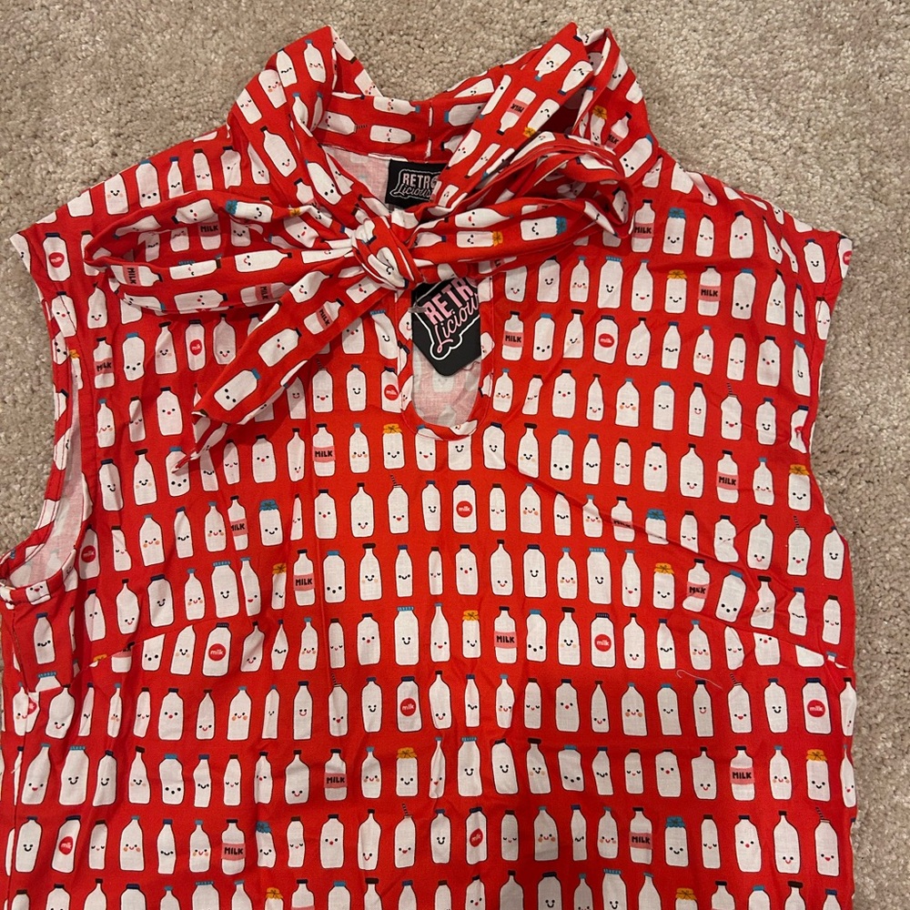 Retrolicious Red Milk Bottle Bow Neck Sleeveless Top